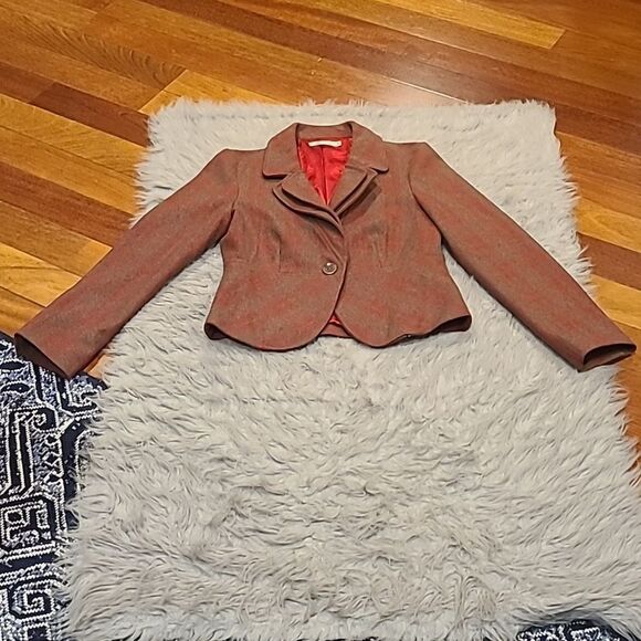 Tulle anthropologie wool brown and red plaid fitted jacket size medium - Picture 1 of 8